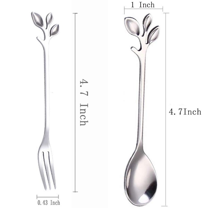 AnSaw 10-Pc Silver Mini Spoons & Forks Set, 4.7" - Stainless Steel, Leaf Handle, Ideal for Coffee,Tea, Appetizers, Tastings, Parties, Charcuterie & Cocktails - Image 2